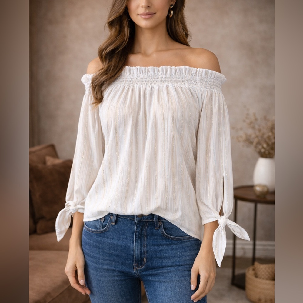 Michael Kors Women’s White Off Shoulder Metallic Stripe Blouse Top Size 1X